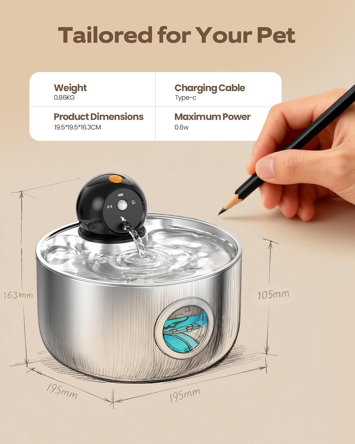 Wireless Cat Water Fountain Cordless: Stainless Steel Cat Fountains for Drinking - 88oz/2.6L Battery Operated Pet Water Fountain Indoor with Motion Sensor - Rechargeable Automatic Water Dispenser