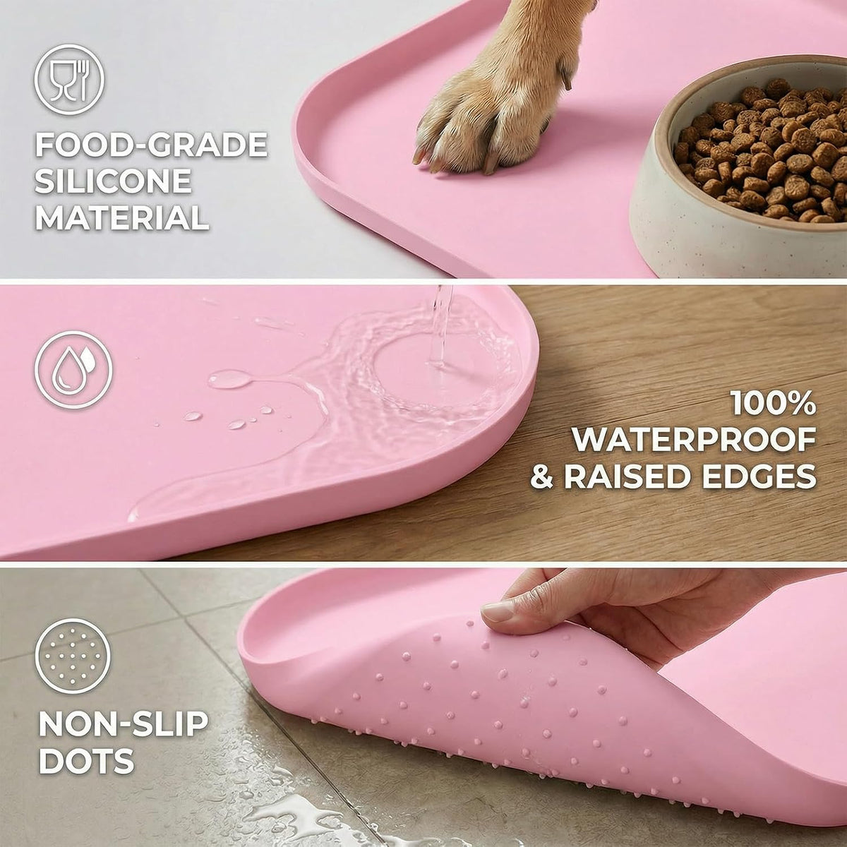 Non-Slip Silicone Dog Food Mat for Food and Water, 18" x 12" Raised Edge Pet Feeding Mat - Waterproof Dog Bowl Mat Easy Clean for Floor Protector,Pink