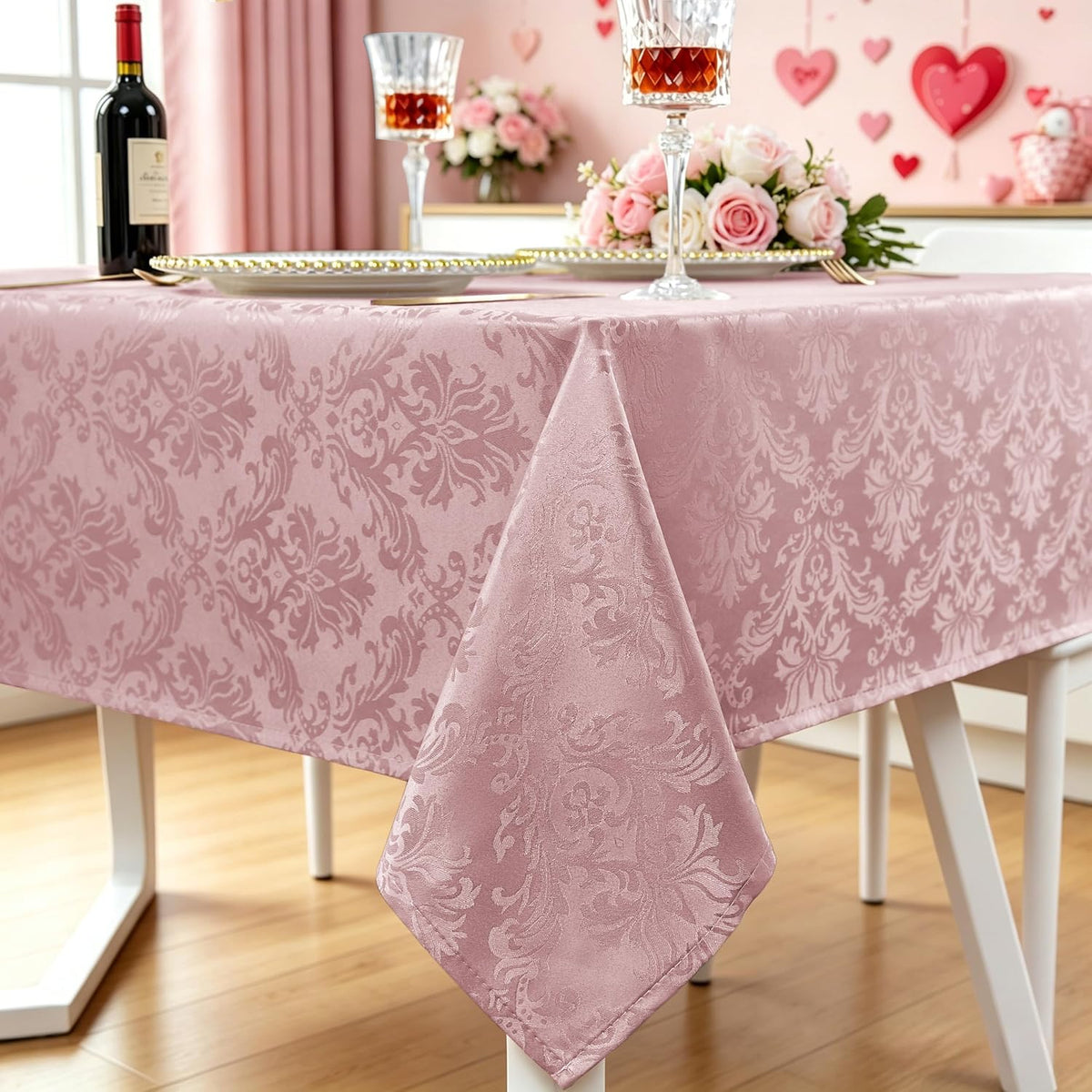 Pink Jacquard Damask Rectangular Tablecloth 60 x 102 Inch