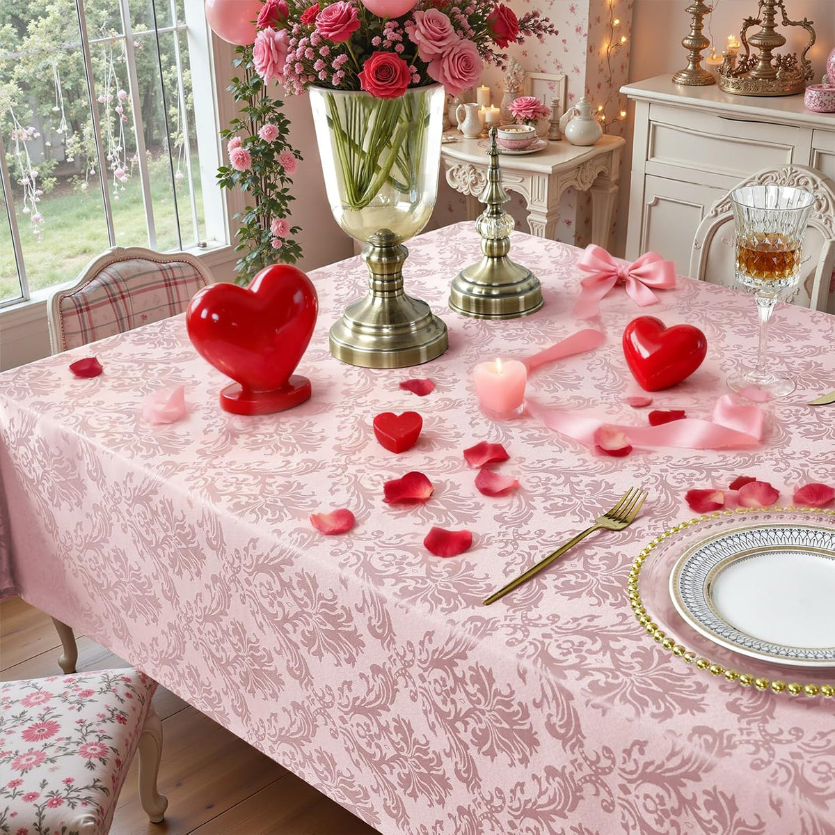 Pink Jacquard Damask Rectangular Tablecloth 60 x 102 Inch