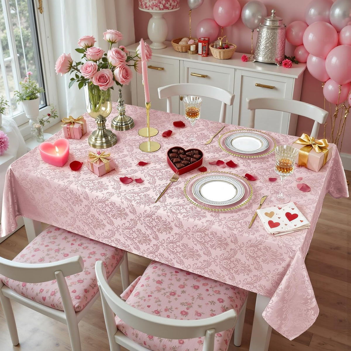Pink Jacquard Damask Rectangular Tablecloth 60 x 102 Inch