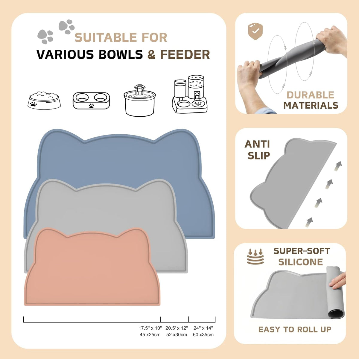 Cat Food Mat, Silicone Non Slip Dog Bowl Mat Waterproof Cat Feeding Mat Stop Food Spills and Water Messes Out to Floor Pet Food Mat (Tea Rose, 17" x 10")