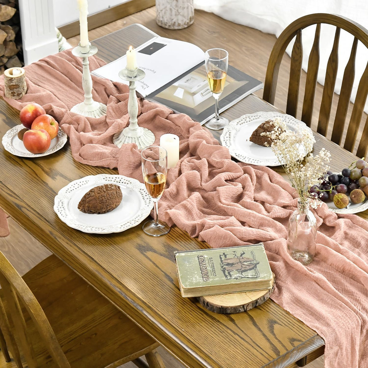 Artoid Mode Boho Cheesecloth Gauze Peach Powder Wedding Table Runner, 120 Inch Seasonal Christmas Winter Fabric Kitchen Dining Holiday Table Decor for Home Party Indoor