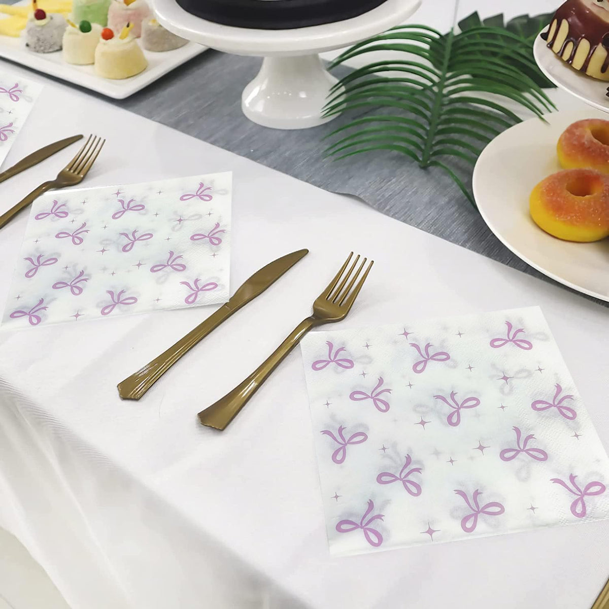 50Pcs Pink Bow Napkins Conquette Birthday Decorations Napkins Pink Bow Dessert Napkins Bow Cocktail Napkins For Pink Bow Theme Bachelorette Bridal Baby Shower Bow Girl Birthday Party Decor (White)
