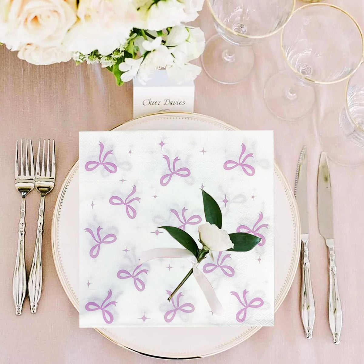 50Pcs Pink Bow Napkins Conquette Birthday Decorations Napkins Pink Bow Dessert Napkins Bow Cocktail Napkins For Pink Bow Theme Bachelorette Bridal Baby Shower Bow Girl Birthday Party Decor (White)