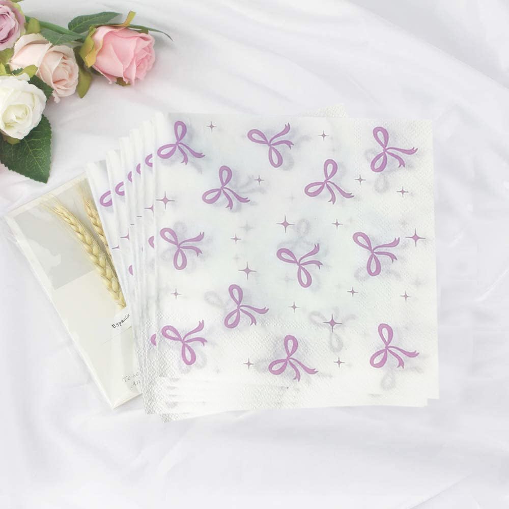 50Pcs Pink Bow Napkins Conquette Birthday Decorations Napkins Pink Bow Dessert Napkins Bow Cocktail Napkins For Pink Bow Theme Bachelorette Bridal Baby Shower Bow Girl Birthday Party Decor (White)