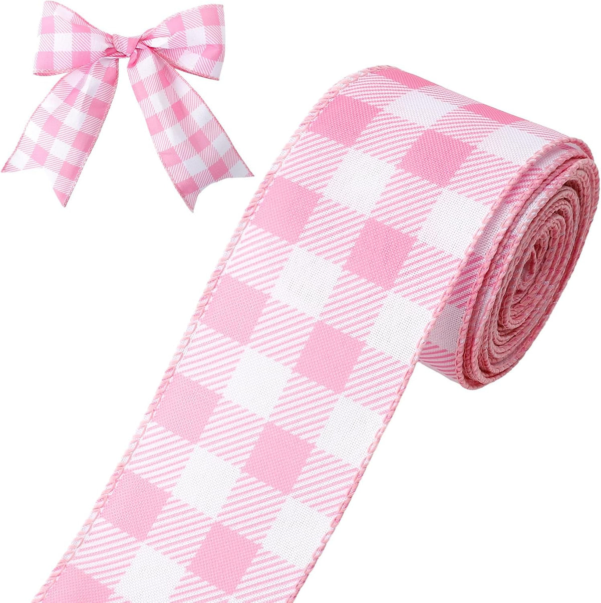 Pink and White Gingham Ribbon Pink Plaid Wired Ribbon 2.5 Inch 10 Yards