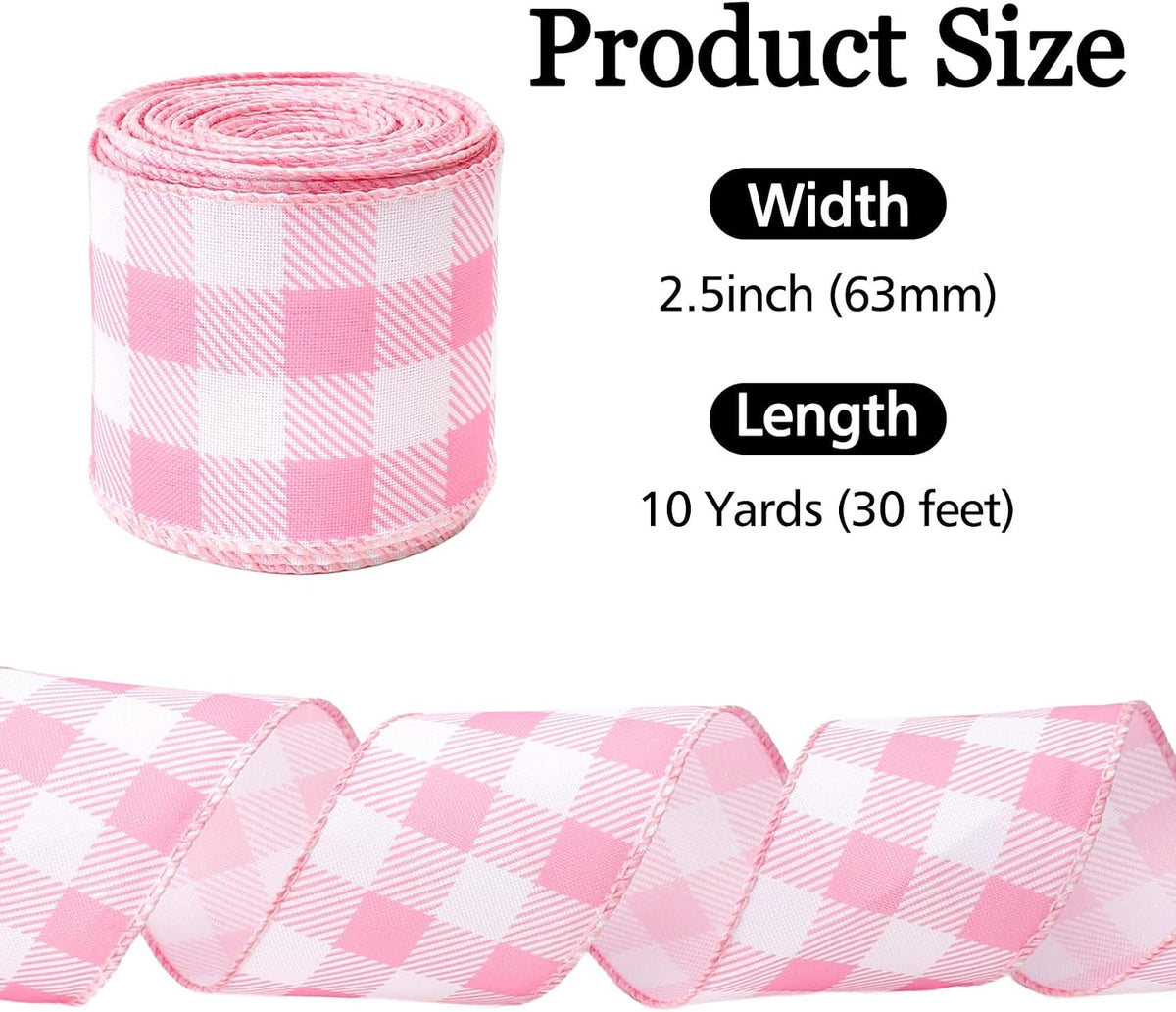 Pink and White Gingham Ribbon Pink Plaid Wired Ribbon 2.5 Inch 10 Yards