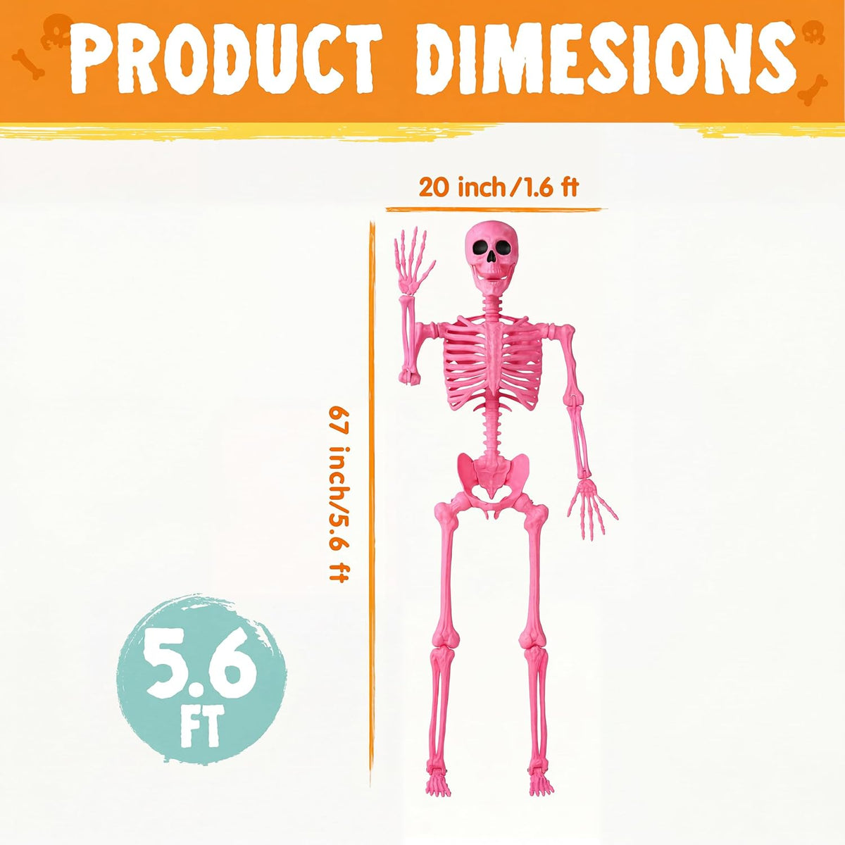 5.6 FT Halloween Posable Skeleton Life Size, Giant Outdoor Yard Skeletons, Pink Plastic Skeleton with Movable Joints for Haunted House Props, Halloween Decorations, Spooky Scary Skeletons Party