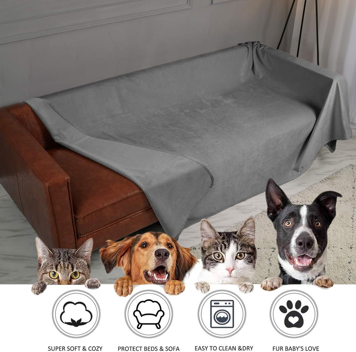 Ameritex Pet Bed Blanket Reversible 100% Waterproof Velvet Super Soft for Sofa and Bed (40x60 Inches, Light Grey+Grey)
