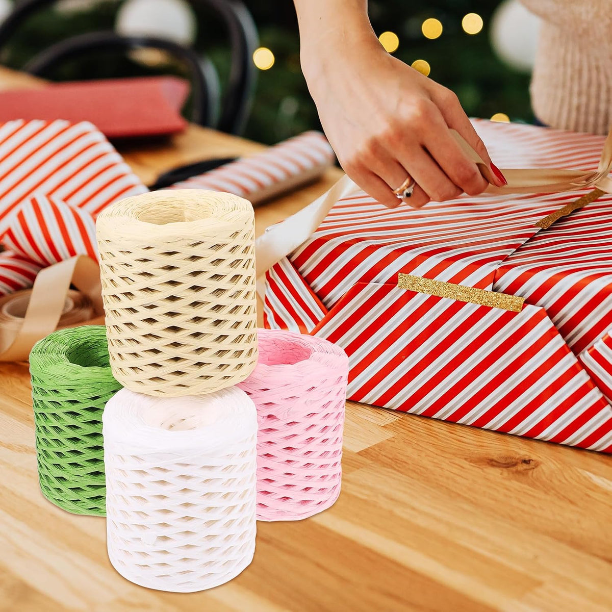 4 Rolls Raffia Twine Craft Ribbon Set, (, Grass Green, Natural Beige, Peach), Decorative Wrapping Ribbon for Christmas and DIY Packing Supplies