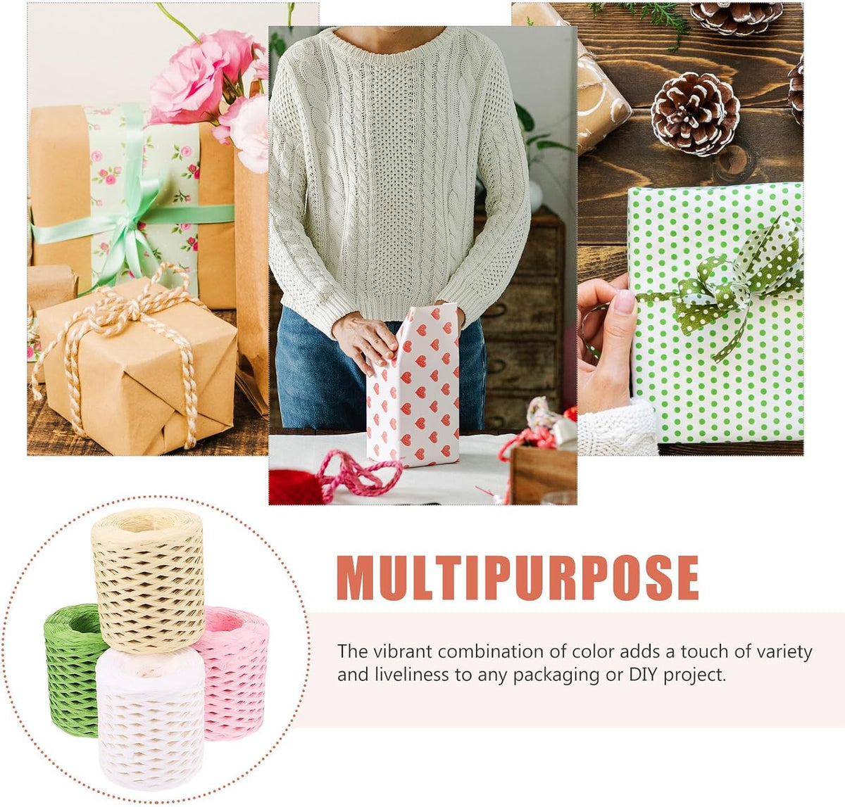 4 Rolls Raffia Twine Craft Ribbon Set, (, Grass Green, Natural Beige, Peach), Decorative Wrapping Ribbon for Christmas and DIY Packing Supplies