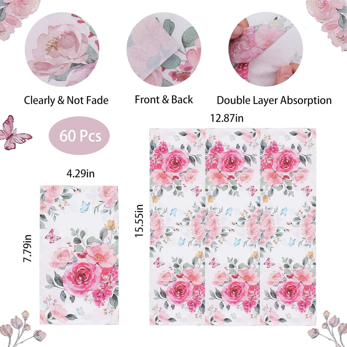 Floral Paper Napkins for Plates-60pcs Disposable Flower Guest Long Napkins for Party/Wedding/Birthday/Bathroom Decorations (Pink)