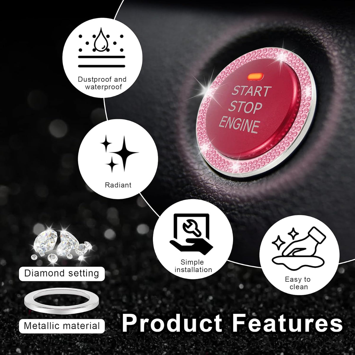2 PCS Crystal Double Rhinestone Car Engine Start Stop Decoration Ring, Bling Car Interior Accessories for Women, Push to Start Button Cover Sticker, Automotive Decals, Pink