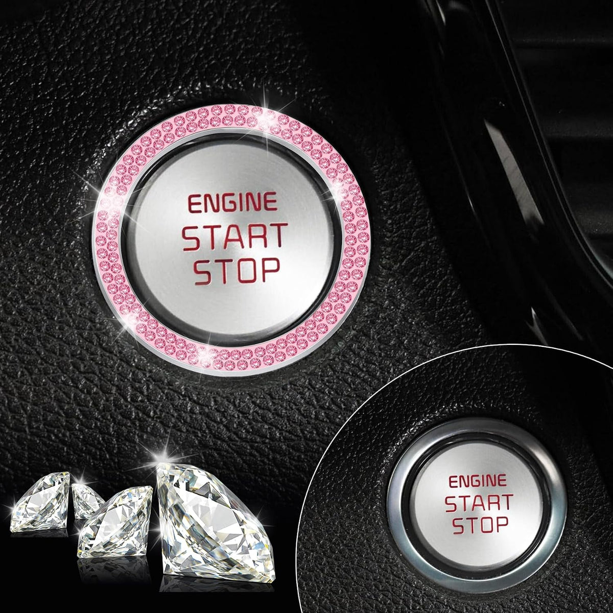 2 PCS Crystal Double Rhinestone Car Engine Start Stop Decoration Ring, Bling Car Interior Accessories for Women, Push to Start Button Cover Sticker, Automotive Decals, Pink