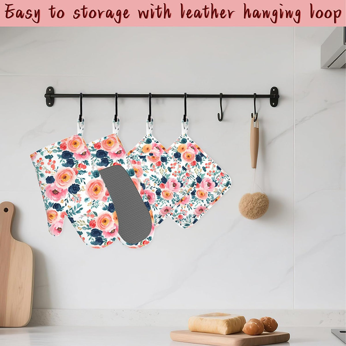 Pink Flowers Heat-Resistant Silicone Oven Mitts and Pot Holders,Long Oven Gloves with Non-Slip Grip for Cooking, Baking, Grilling,BBQ