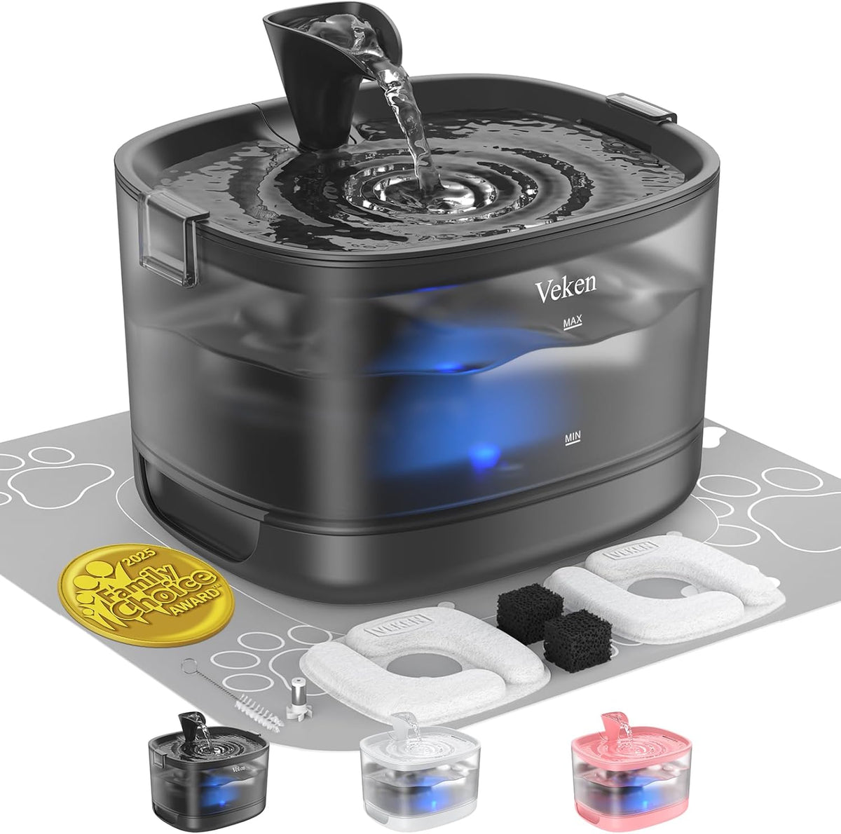 Veken Cat Water Fountain with Detachable Tank & Secure Clips, Easy to Clean & Assemble, 85oz/2.5L Pet Drinking Dispenser with Quiet Operation & LED Light, Gifts, Cats, Dogs and Small Pets, Black