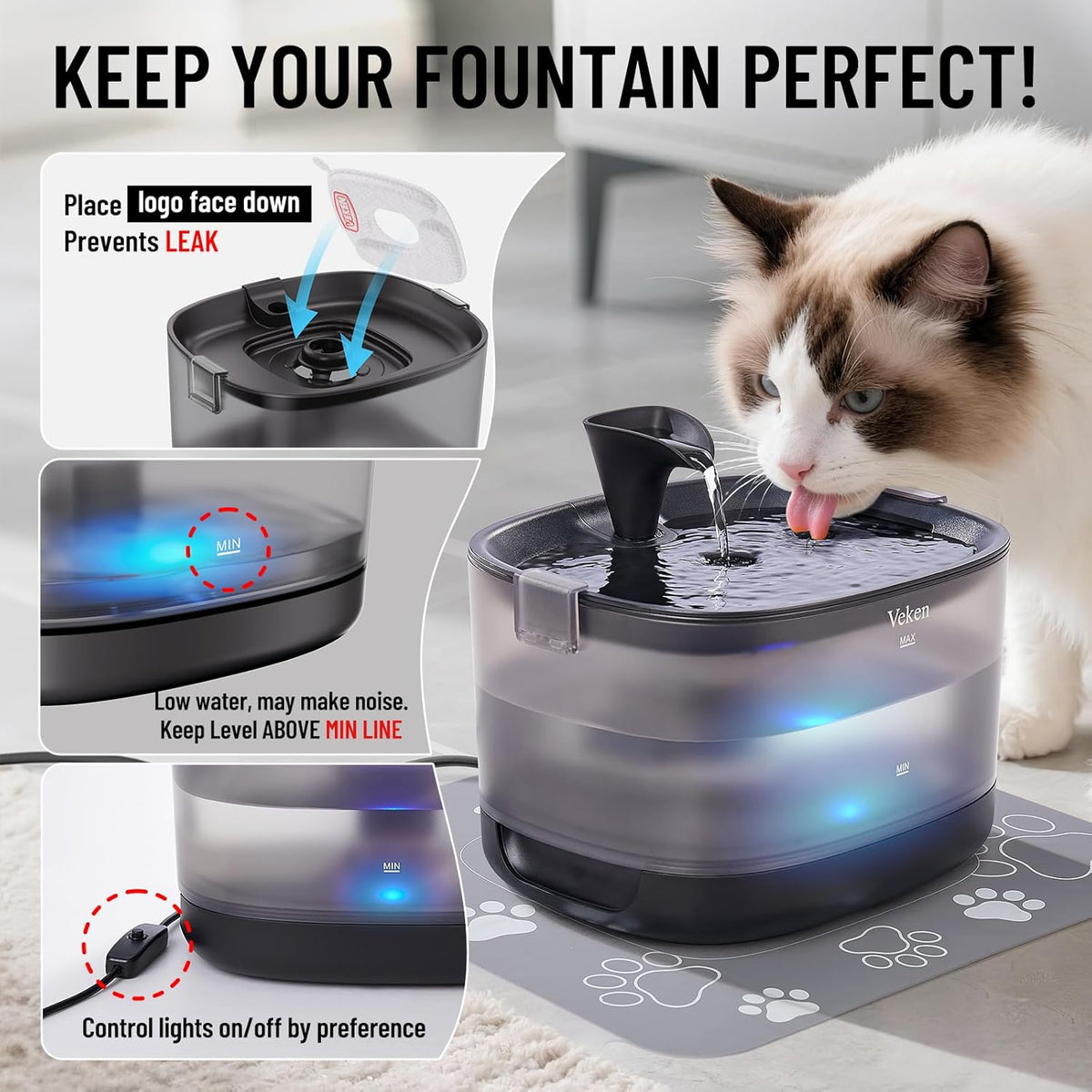 Veken Cat Water Fountain with Detachable Tank & Secure Clips, Easy to Clean & Assemble, 85oz/2.5L Pet Drinking Dispenser with Quiet Operation & LED Light, Gifts, Cats, Dogs and Small Pets, Black