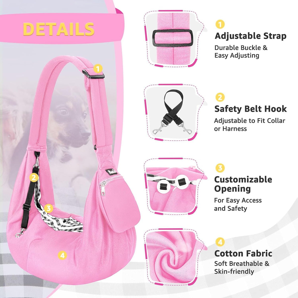 Lukovee Pet Sling, Hand Free Dog Sling Carrier Adjustable Padded Strap Tote Bag, Shoulder Bag with Safety Belt & Front Pocket for Small Dog Cat Puppy (Pink-WY,S)