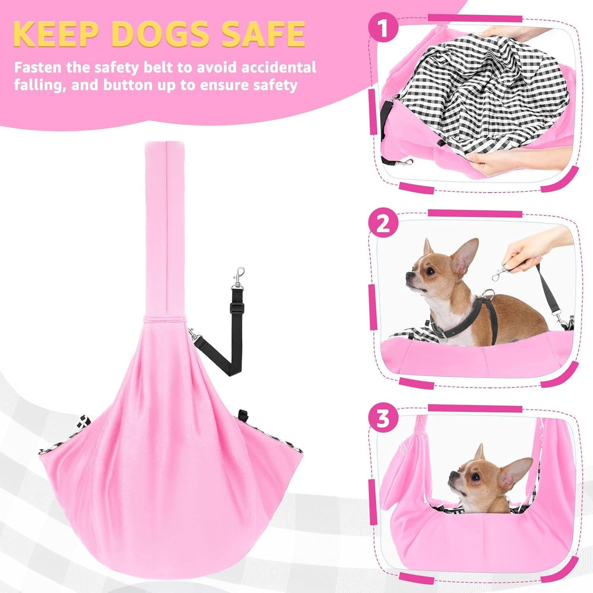 Lukovee Pet Sling, Hand Free Dog Sling Carrier Adjustable Padded Strap Tote Bag, Shoulder Bag with Safety Belt & Front Pocket for Small Dog Cat Puppy (Pink-WY,S)