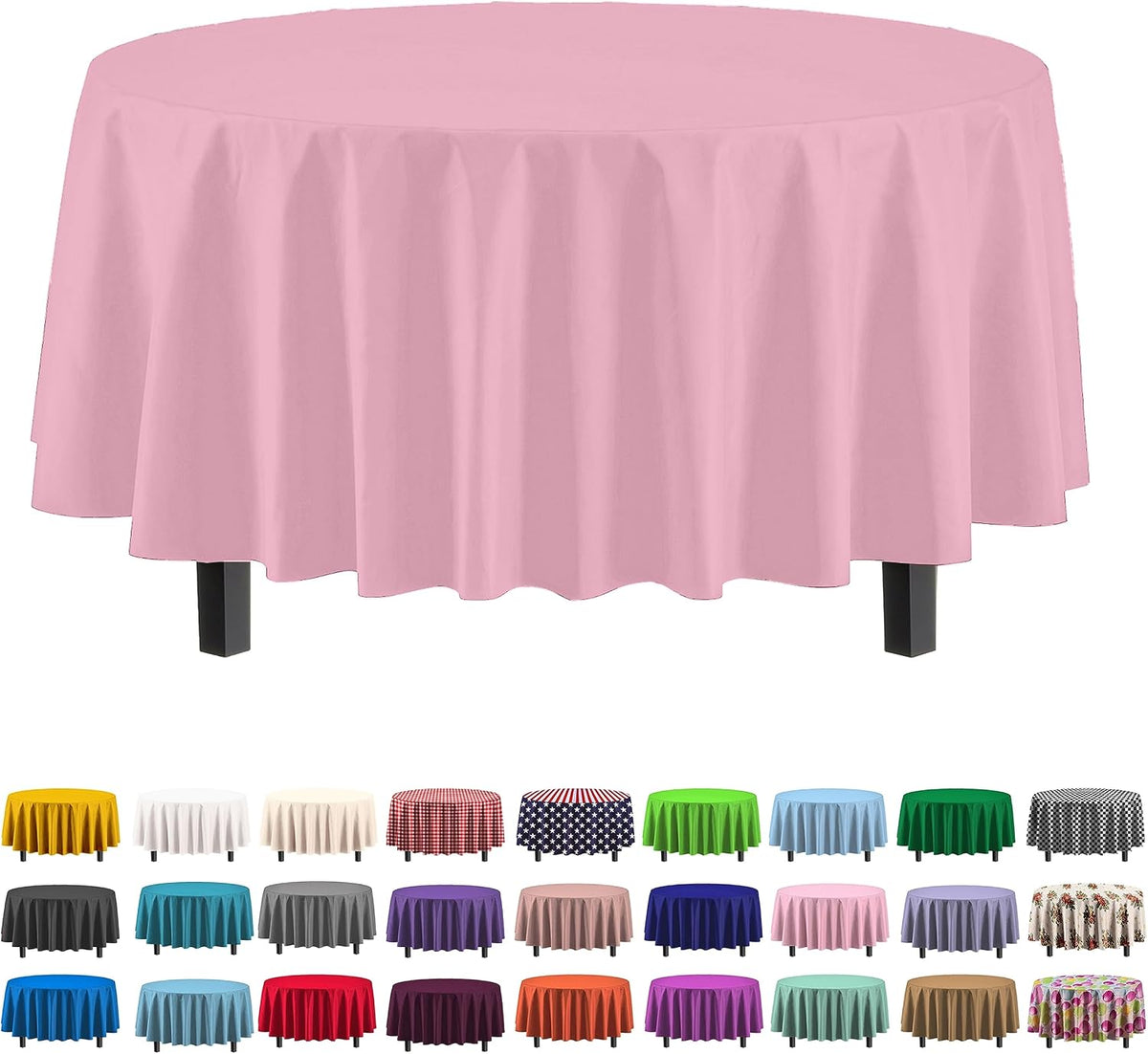 Party Solids Pink Round Plastic Tablecloth - 84 Inch, 4 Pack
