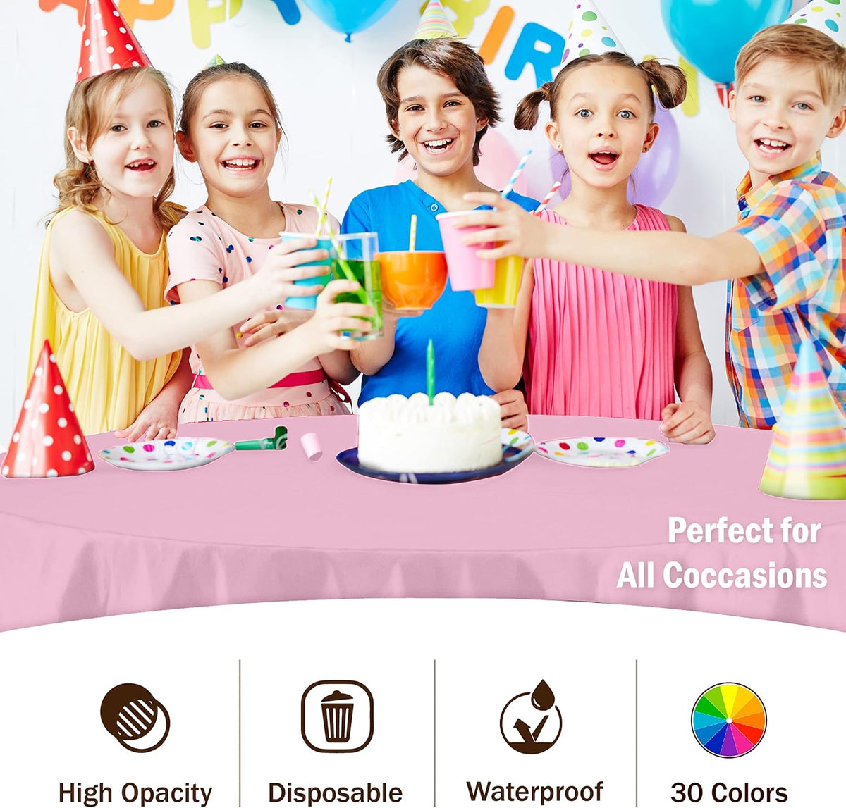 Party Solids Pink Round Plastic Tablecloth - 84 Inch, 4 Pack