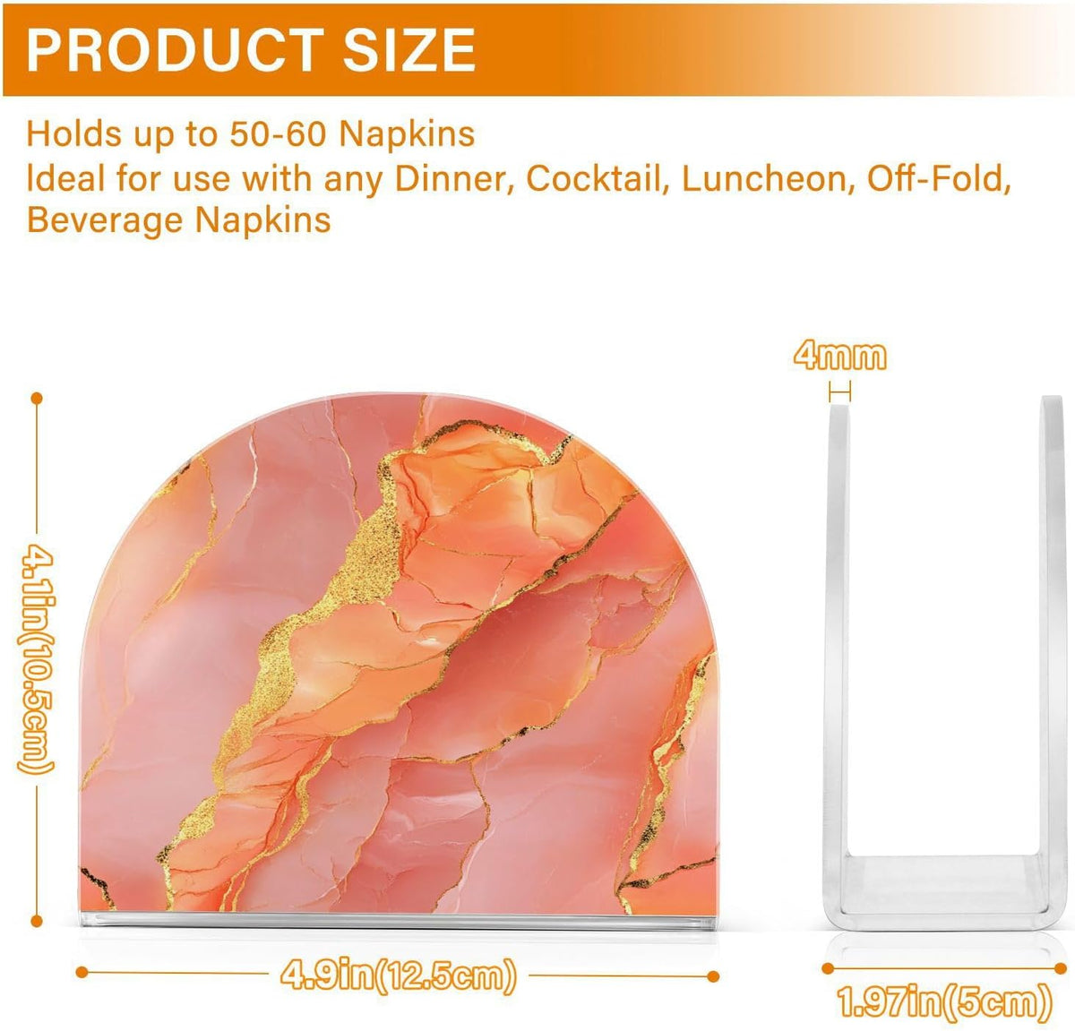 Acrylic Napkin Holder 1 Pack Holds 50-60 Napkins One-Piecing Molding Napkin Fit Kitchen & Dining Table Sturdy & durables Marble Peach Gold