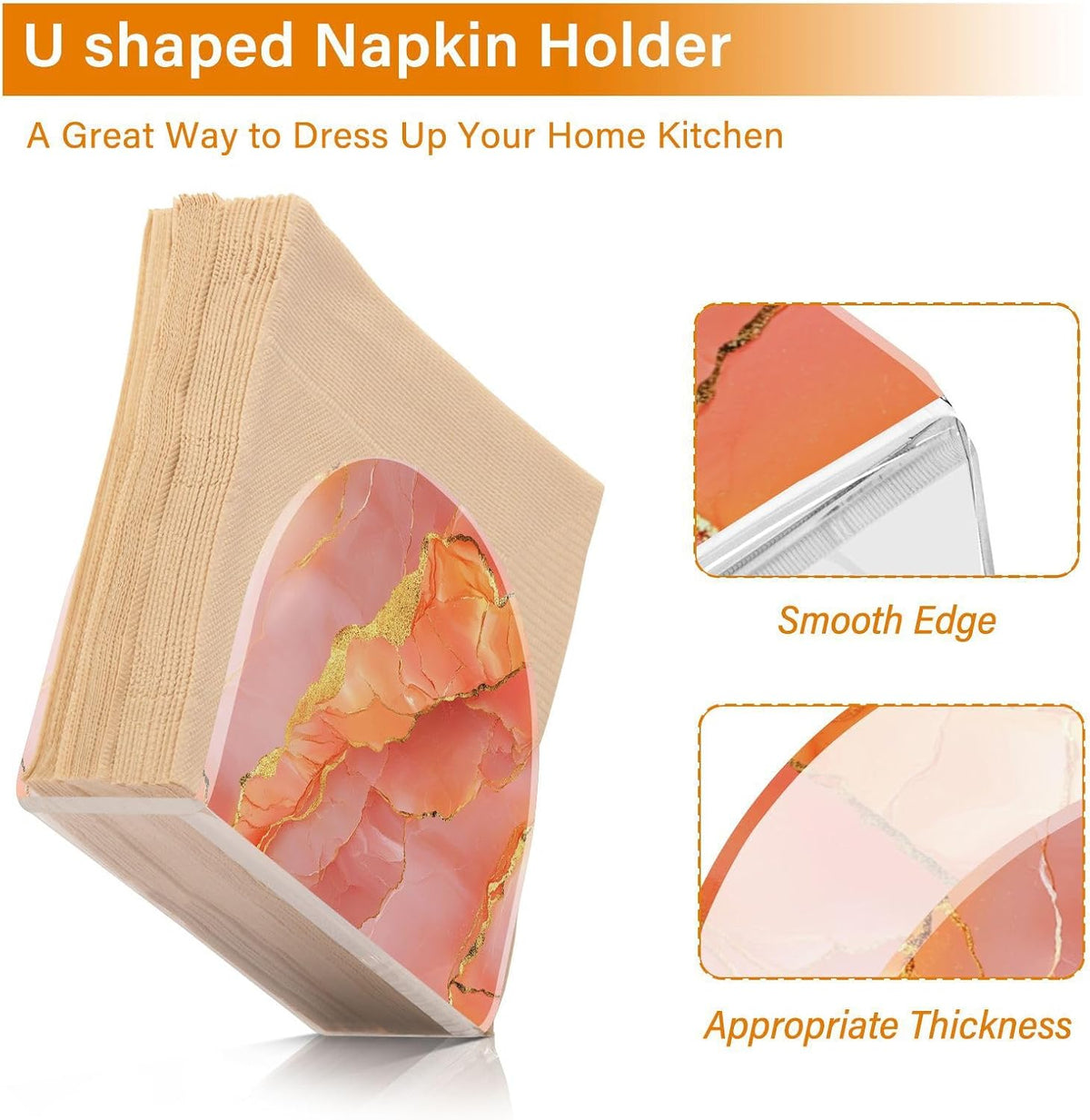 Acrylic Napkin Holder 1 Pack Holds 50-60 Napkins One-Piecing Molding Napkin Fit Kitchen & Dining Table Sturdy & durables Marble Peach Gold