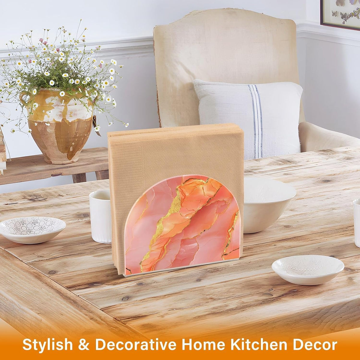 Acrylic Napkin Holder 1 Pack Holds 50-60 Napkins One-Piecing Molding Napkin Fit Kitchen & Dining Table Sturdy & durables Marble Peach Gold