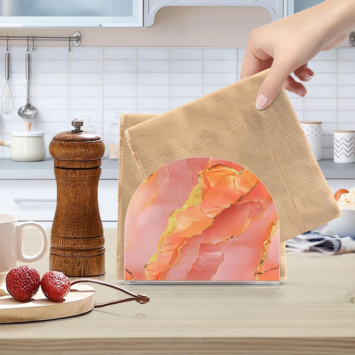 Acrylic Napkin Holder 1 Pack Holds 50-60 Napkins One-Piecing Molding Napkin Fit Kitchen & Dining Table Sturdy & durables Marble Peach Gold