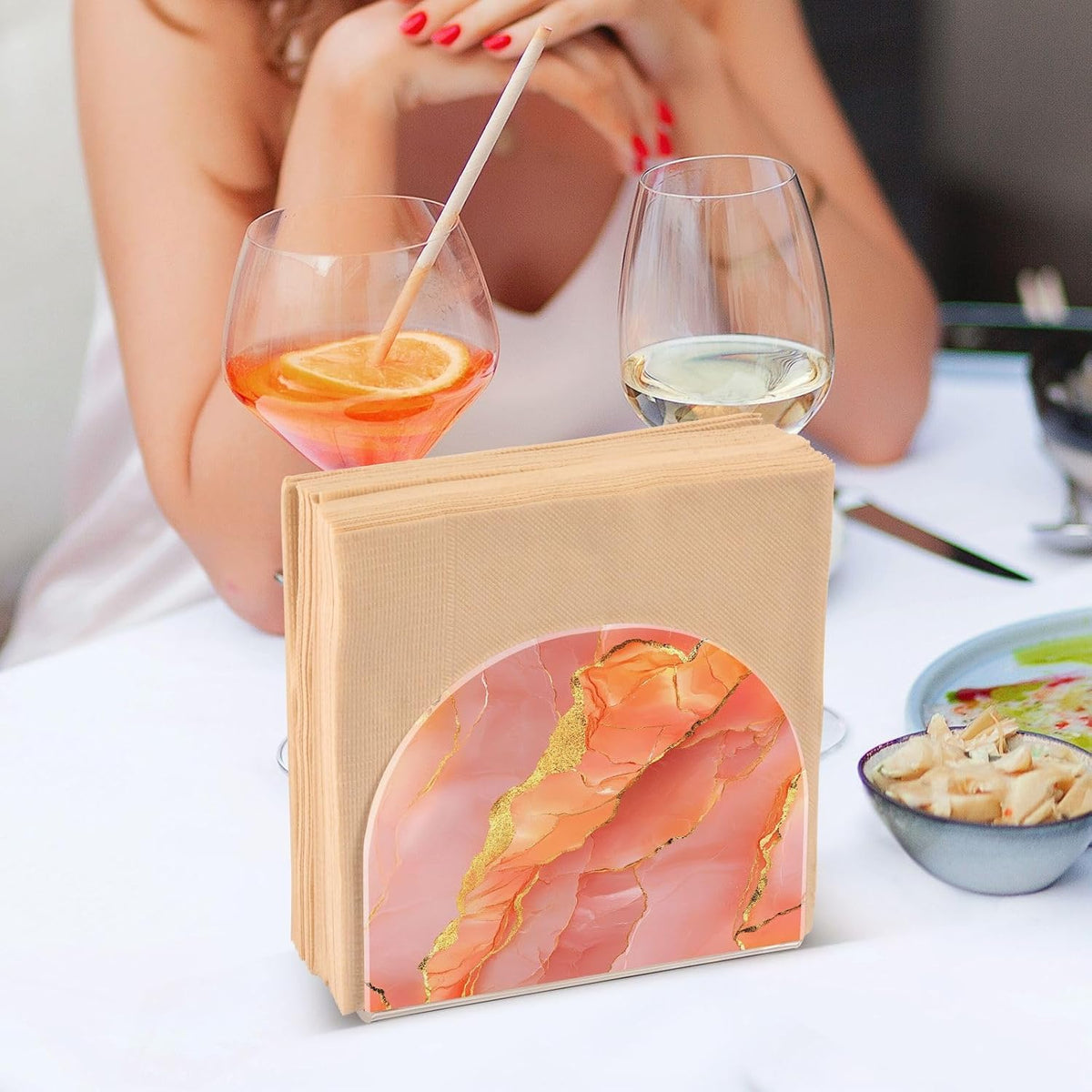 Acrylic Napkin Holder 1 Pack Holds 50-60 Napkins One-Piecing Molding Napkin Fit Kitchen & Dining Table Sturdy & durables Marble Peach Gold
