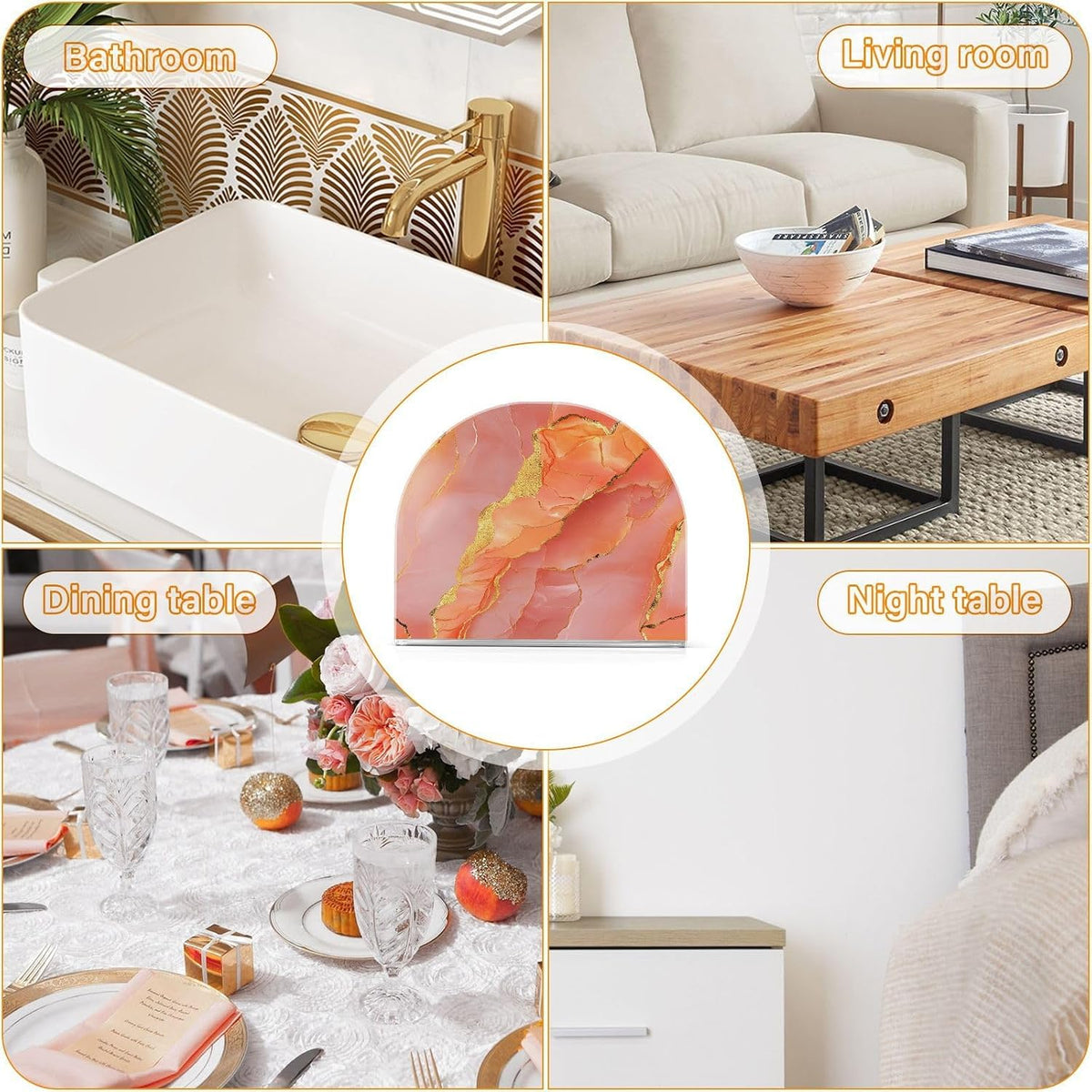 Acrylic Napkin Holder 1 Pack Holds 50-60 Napkins One-Piecing Molding Napkin Fit Kitchen & Dining Table Sturdy & durables Marble Peach Gold