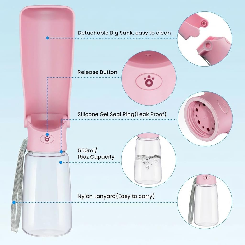Portable Dog Water Bottle for Walking – 19oz / 12oz Foldable Pet Water Dispenser for Puppies, Medium & Large Dogs – Leak Proof Travel Water Bowl for Small Animals Dog Accessories(12OZ Pink)