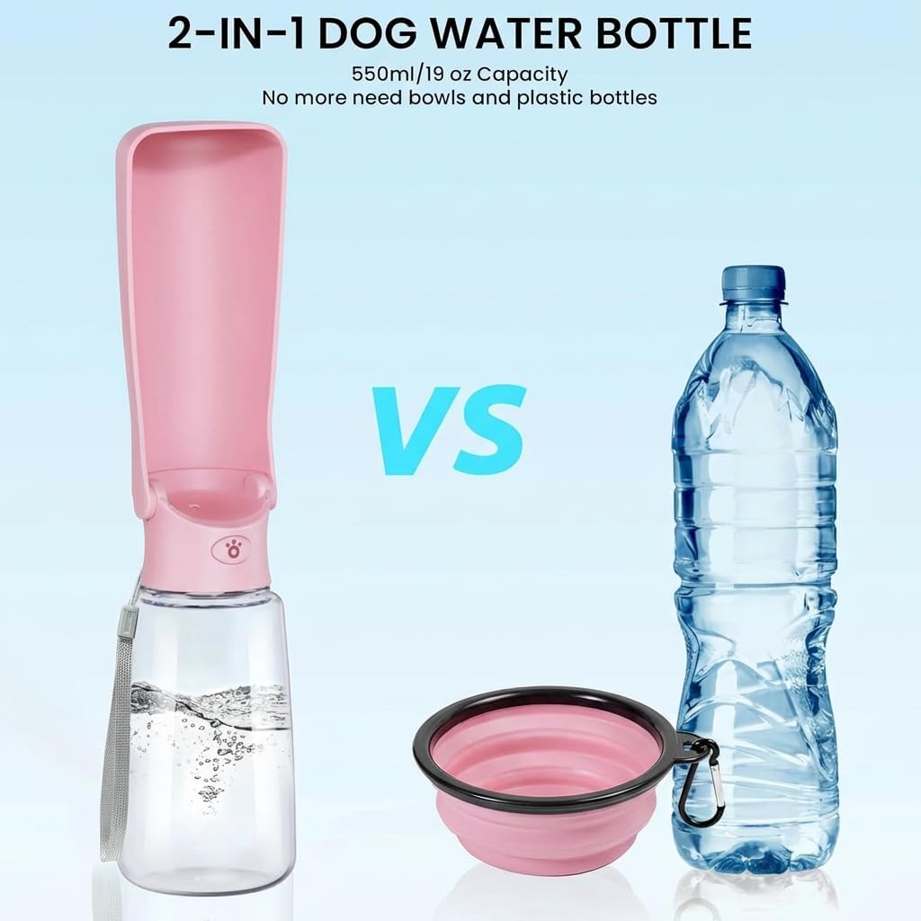 Portable Dog Water Bottle for Walking – 19oz / 12oz Foldable Pet Water Dispenser for Puppies, Medium & Large Dogs – Leak Proof Travel Water Bowl for Small Animals Dog Accessories(12OZ Pink)