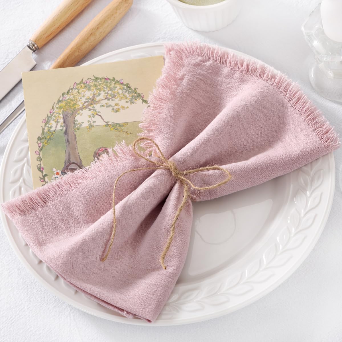 DeZerlor 12 Pack Pink Cotton Linen Napkins with Fringe Summer Cloth Napkins Set of 12 Boho Handmade Dinner Napkins Bulk for Wedding Bridal Baby Shower Parties, 17 x 17 Inches