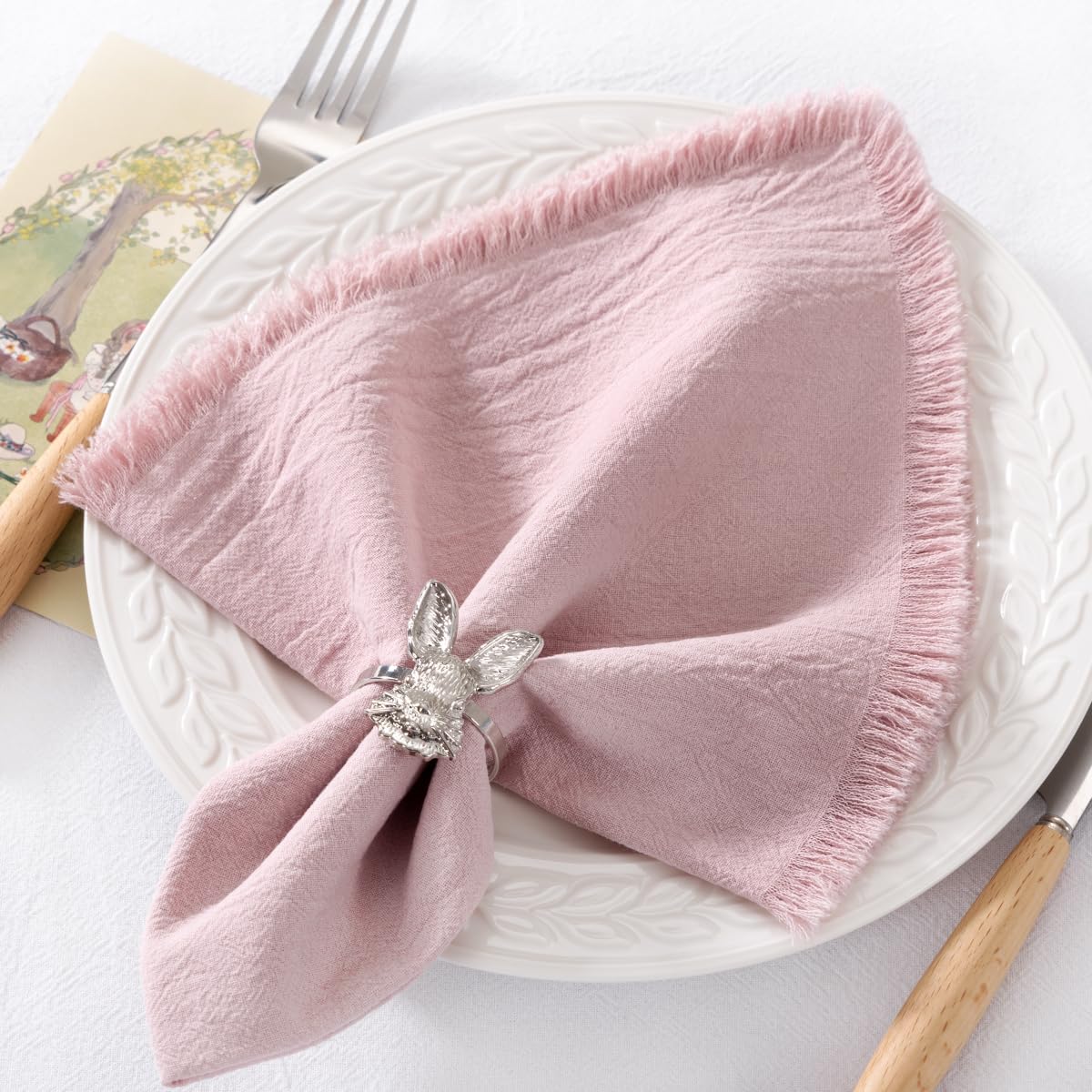 DeZerlor 12 Pack Pink Cotton Linen Napkins with Fringe Summer Cloth Napkins Set of 12 Boho Handmade Dinner Napkins Bulk for Wedding Bridal Baby Shower Parties, 17 x 17 Inches
