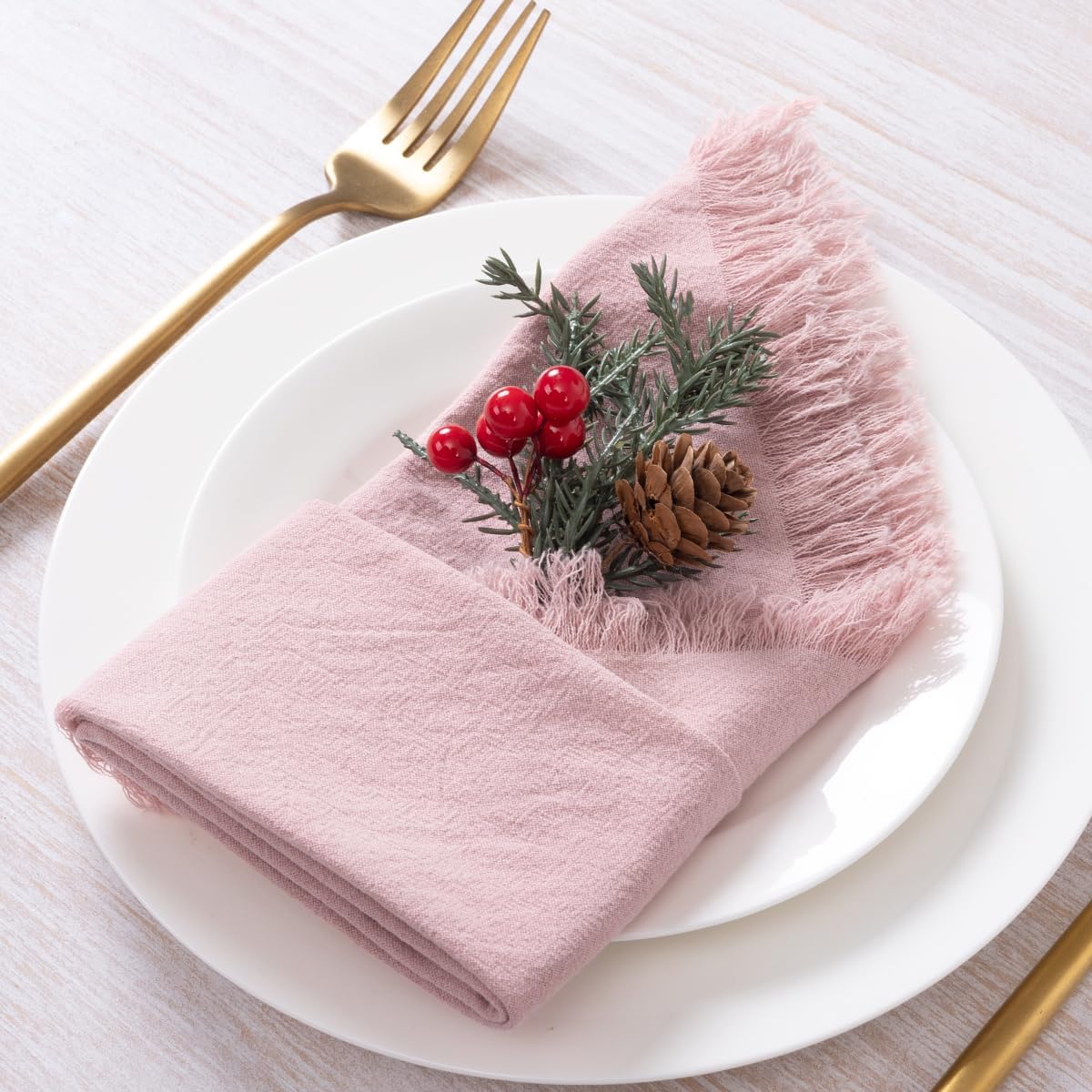 DeZerlor 12 Pack Pink Cotton Linen Napkins with Fringe Summer Cloth Napkins Set of 12 Boho Handmade Dinner Napkins Bulk for Wedding Bridal Baby Shower Parties, 17 x 17 Inches