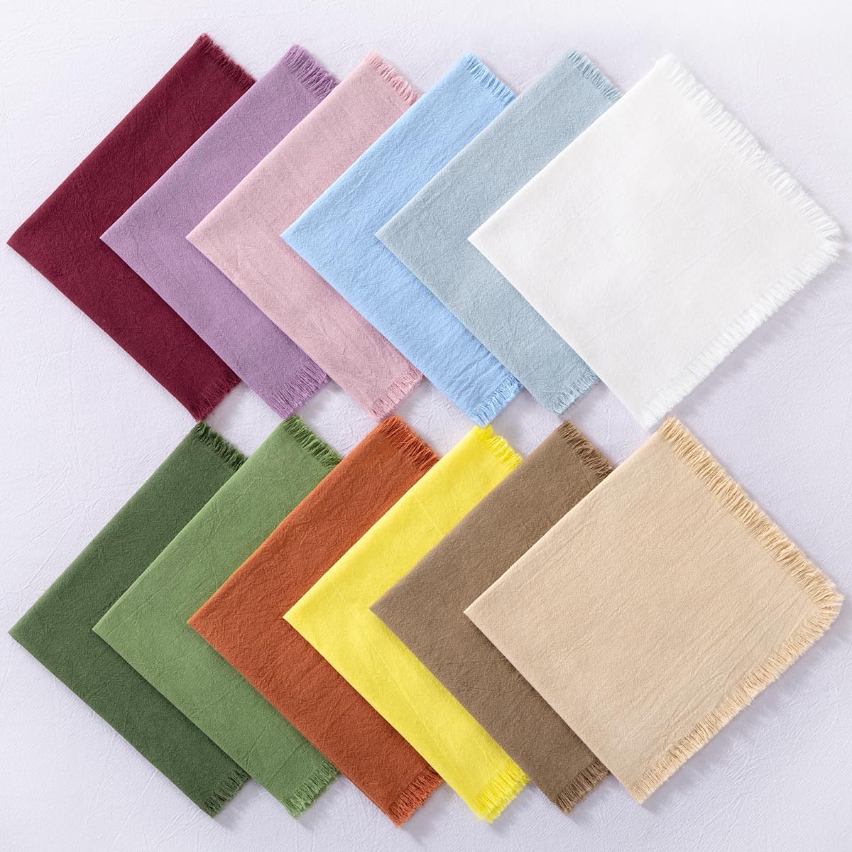 DeZerlor 12 Pack Pink Cotton Linen Napkins with Fringe Summer Cloth Napkins Set of 12 Boho Handmade Dinner Napkins Bulk for Wedding Bridal Baby Shower Parties, 17 x 17 Inches