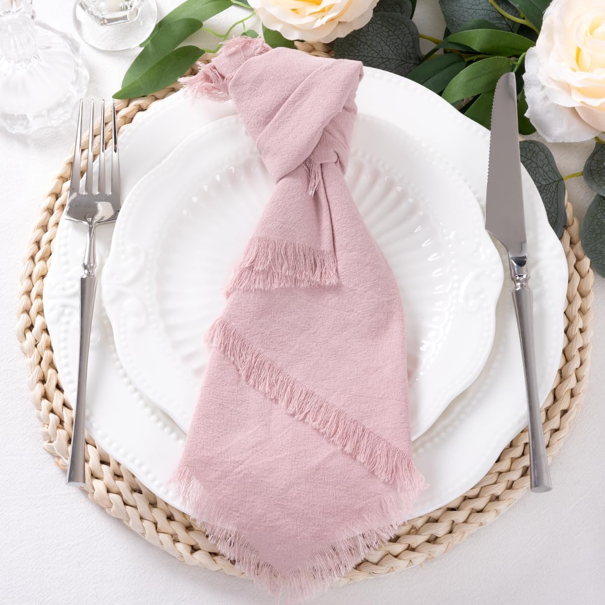 DeZerlor 12 Pack Pink Cotton Linen Napkins with Fringe Summer Cloth Napkins Set of 12 Boho Handmade Dinner Napkins Bulk for Wedding Bridal Baby Shower Parties, 17 x 17 Inches