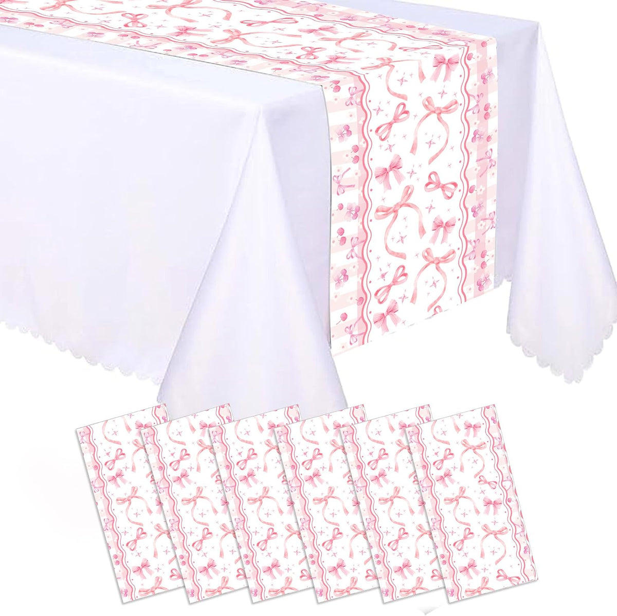 6 Pieces Pink Bow Table Runners 14 x 108 Inches Disposable Coquette Pattern Table Runner for Tea Party Birthday Baby Shower Wedding Valentine's Day Holiday Kitchen Dining Table Decor Party Supplies