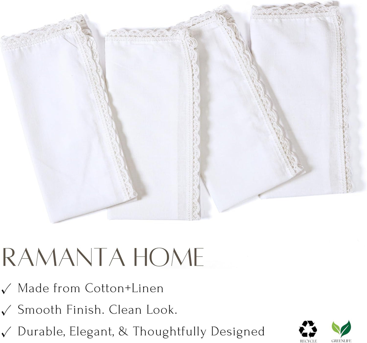Ramanta Home White Coth Dinner Napkin Set of 12 Premium Easter Cotton 20X20 Inch Oversized Linen Flax Lace Soft & Durable Washable Ideal for Spring Basket Decor, Wedding Parties, Birthday