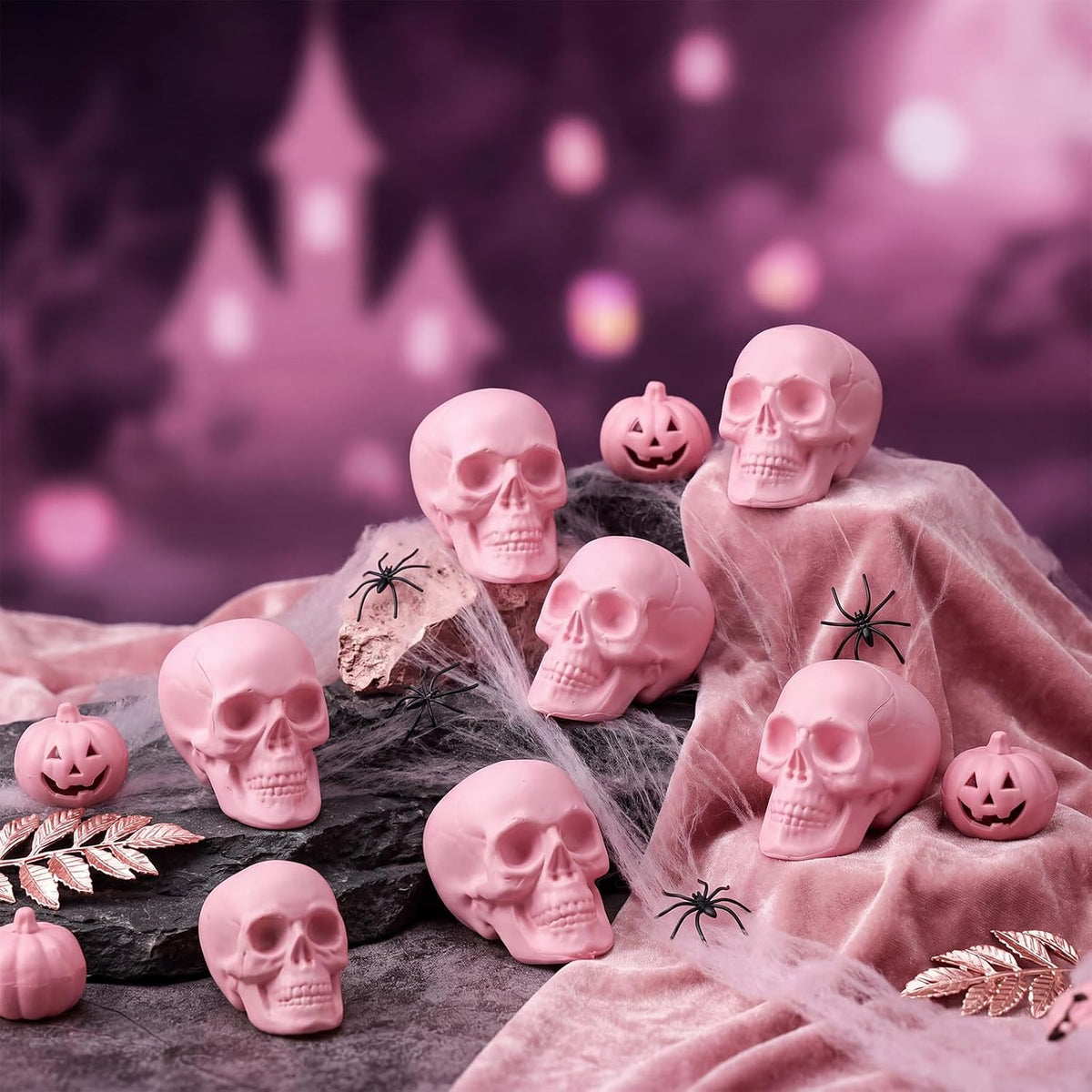 Seenelling 8 Pcs Halloween Skeleton Decor Pink Skull Heads 2x2.4x3in