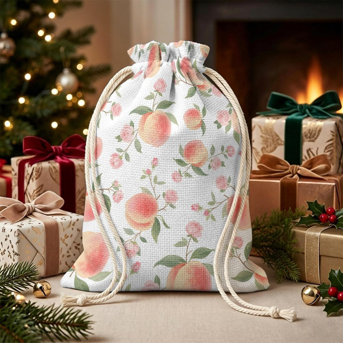 Victoroes Peach Drawstring Gift Bags 2 Pcs 11.8" x 15.7" Medium Summer Peach Flower Spring Gift Bag Reusable Fabric Wrap Bags for Wedding Party Birthday Holiday