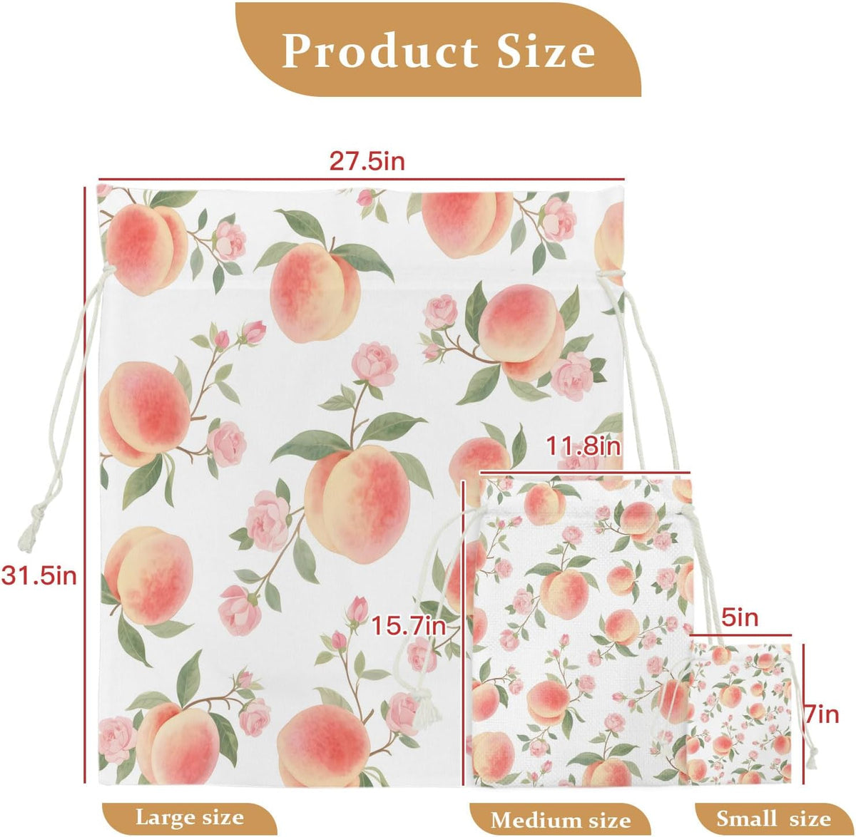 Victoroes Peach Drawstring Gift Bags 2 Pcs 11.8" x 15.7" Medium Summer Peach Flower Spring Gift Bag Reusable Fabric Wrap Bags for Wedding Party Birthday Holiday