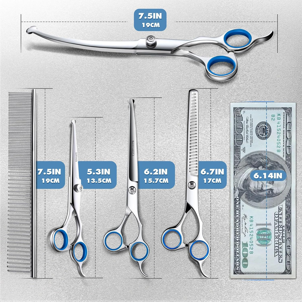 Gimars Titanium Coated Professional 6 in 1 4CR Stainless Steel Dog Grooming Scissors with Safety Round Tip, Heavy Duty Pet Grooming Scissor for Dogs, Cats and Other Animals