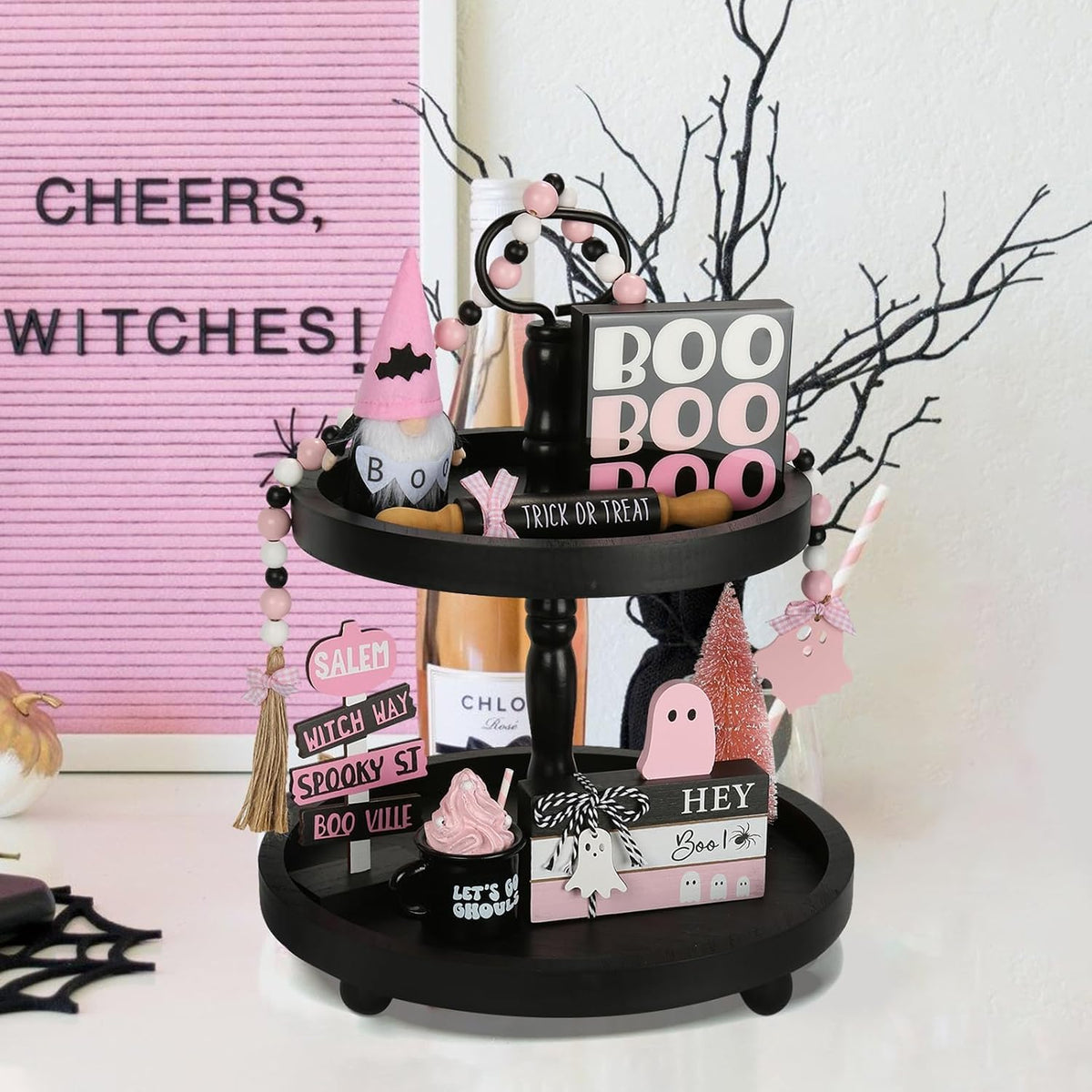 Pink Halloween Decorations 8PCS Tiered Tray Decor for Home Office