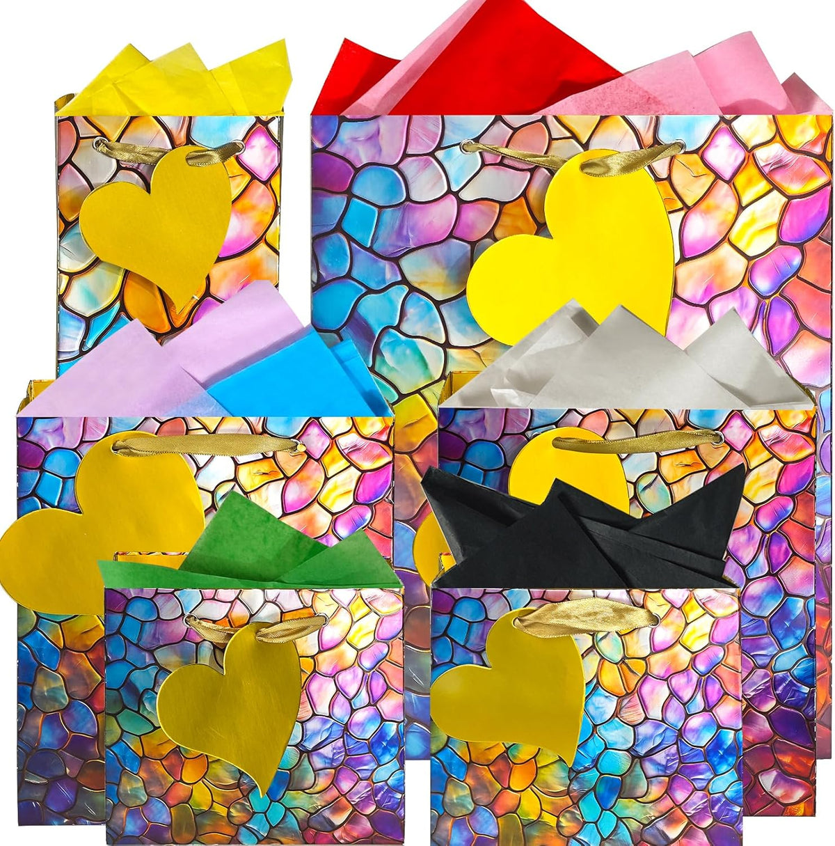 suosicn 6 Pack Embossed Seashell Pattern Gift Bags with Handles Assorted Gift Bags with Tissue Paper For Valentines' Day, Mothers Day, Christmas, Baby Showers And Any Occasion