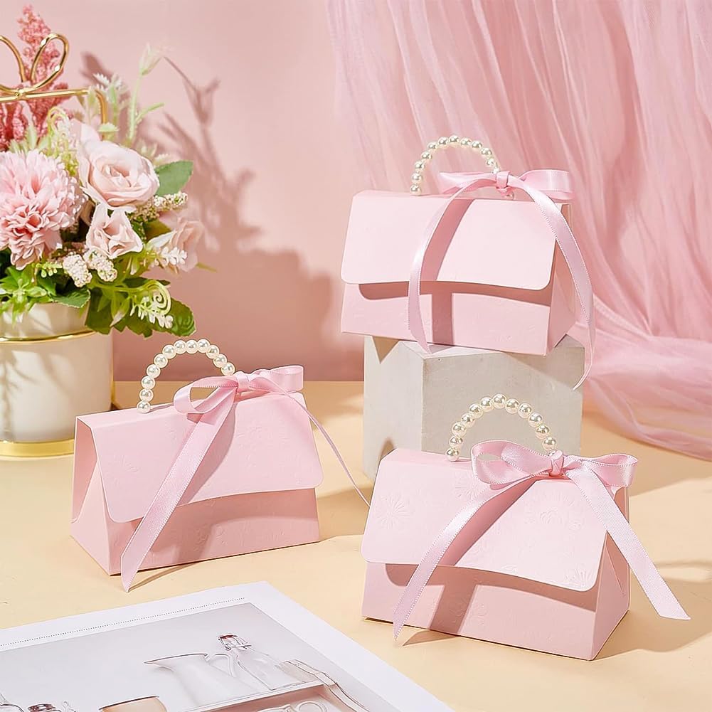 30 Set Wedding Favors Box DIY Set, Pink Kraft Paper Box with Pearl Handle, Ribbons, Stickers, Gift Boxes for Birthday, Boutique, Wedding and Anniversary, 3.54x2.36x2.16inch