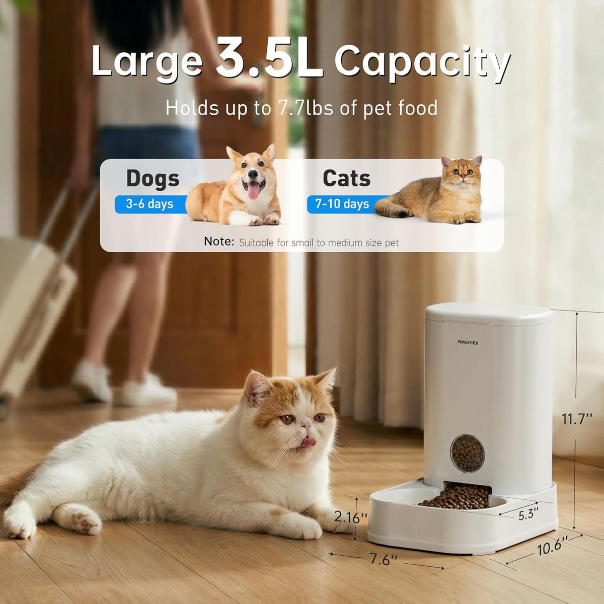 PAWGETHER® Gravity Cat Feeder, 1 Gallon/3.5L Dog Food Dispenser, No-Electricity Automatic Pet Feeder, Auto Refill Food Bowl for Cats & Small, Medium Dogs Easy to Fill