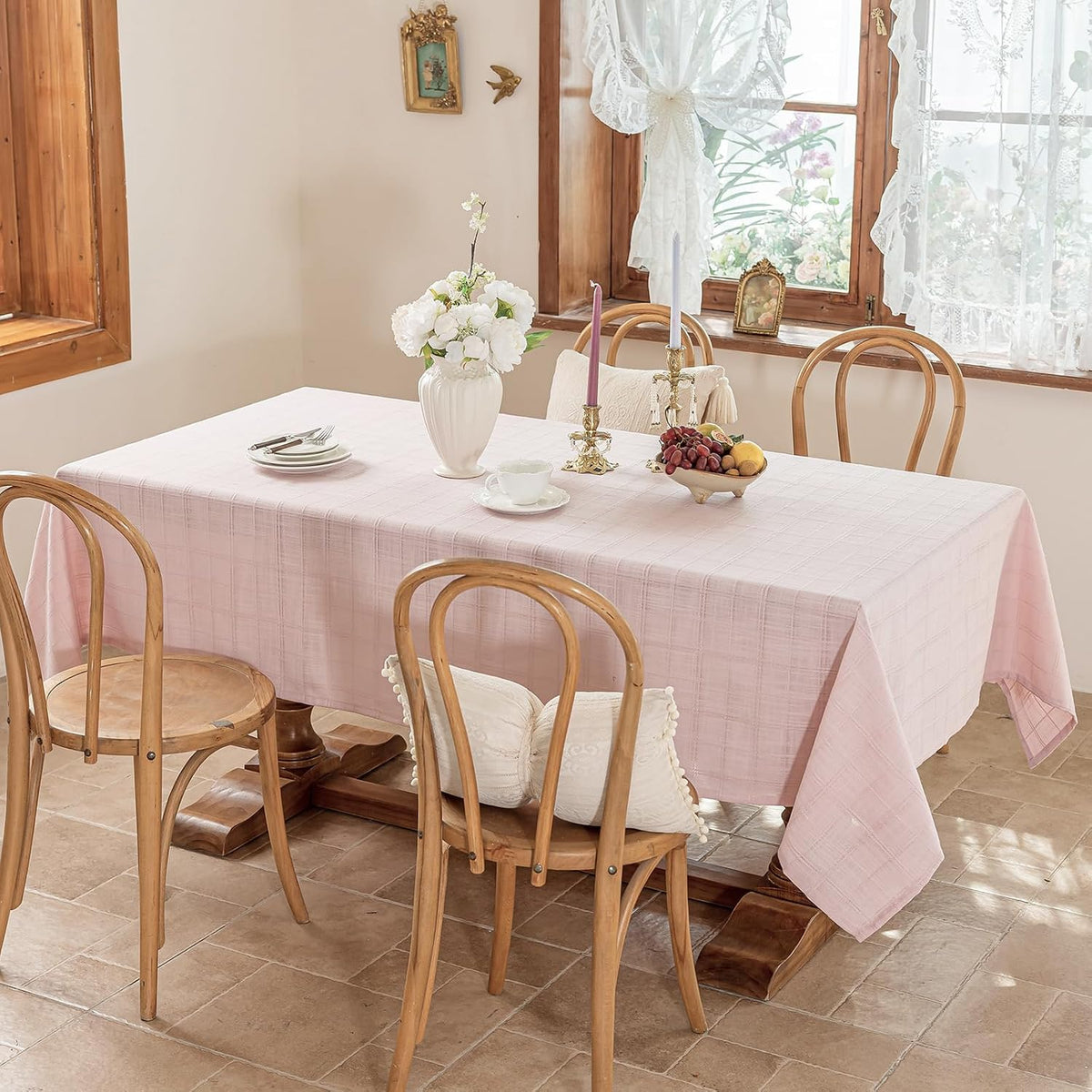 Light Pink Embroidered Grid Tablecloth, Wrinkle Resistant, 52"x70"